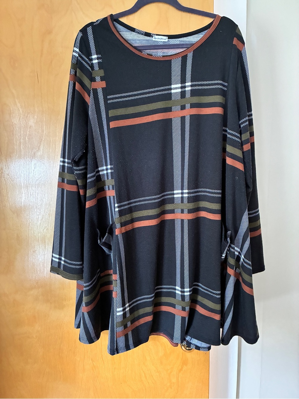 Black Plaid Midi Dress with Rust and Olive Stripes